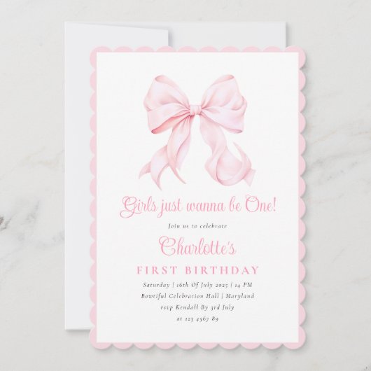 キュートピンクボウガールファースト誕生日招待状 招待状 (正面)