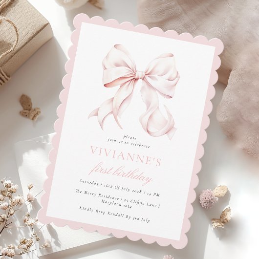 キュートピンクボウガールファースト誕生日招待状 招待状