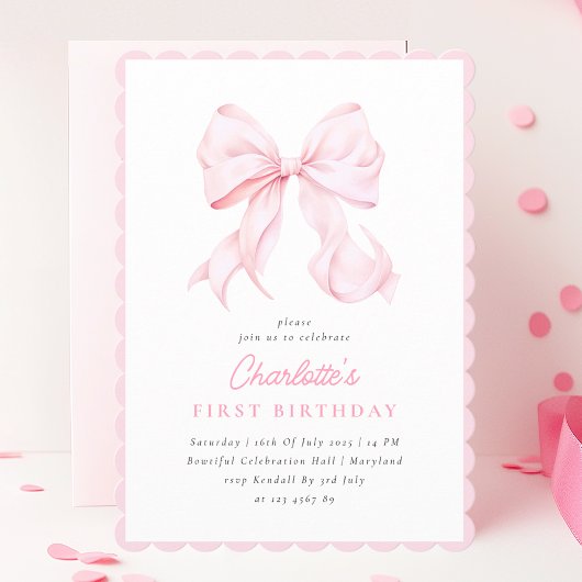 キュートピンクボウガールファースト誕生日招待状 招待状