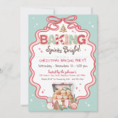 キュートピンクボウクリスマスクッキーベーキングパーティーティール(緑がかった色) 招待状 (正面)