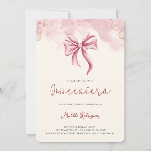 キュートピンクボウコケットキンセアニェラ誕生日 招待状 (正面)