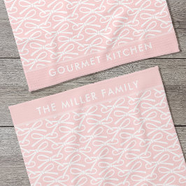 キュートピンクボウ名前をカスタムするキッチンタオル キッチンタオル