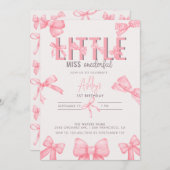 キュートピンクボウ第1女子誕生日 招待状 (正面/裏面)