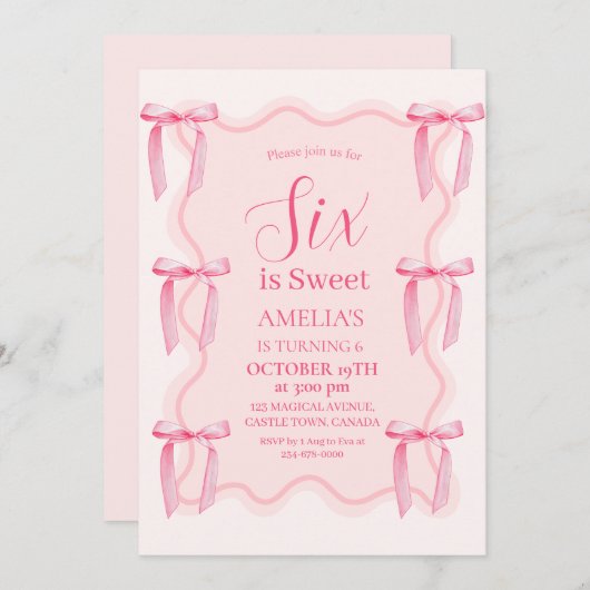 キュートピンクボウ6誕生日 招待状 (正面/裏面)
