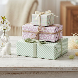 キュートピンクミントグリーンストライプハートパターン ラッピングペーパーシート