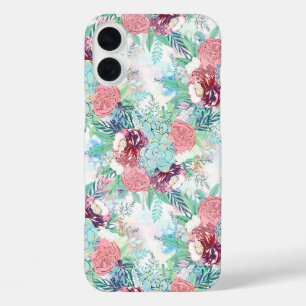 キュートピンクミントピーニー&多肉質フローラハンド絵を描ル iPhone 16 PLUSケース