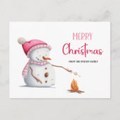 キュートピンクメリークリスマス雪だるまマシュマローズ ポストカード (正面)