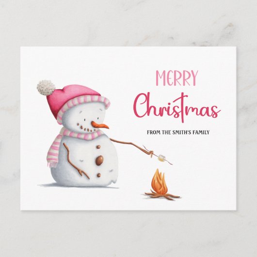 キュートピンクメリークリスマス雪だるまマシュマローズ ポストカード (正面)