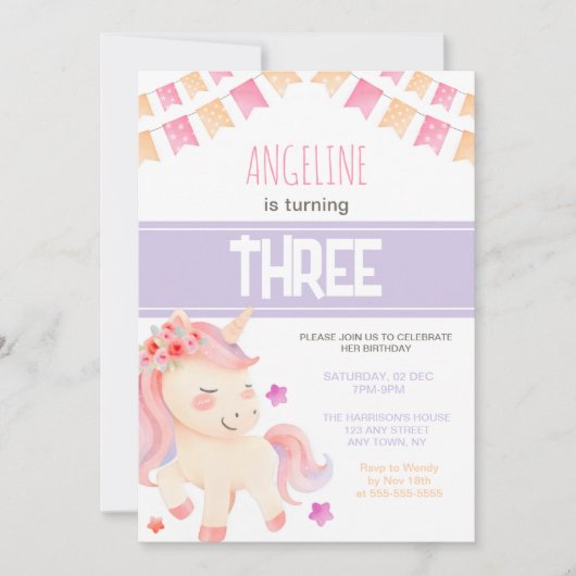 キュートピンクユニコーンガール誕生日 招待状 (正面)