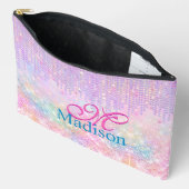 キュートピンクユニコーングリッターライン石ドリップモノグラム アクセサリーポーチ (見開き)