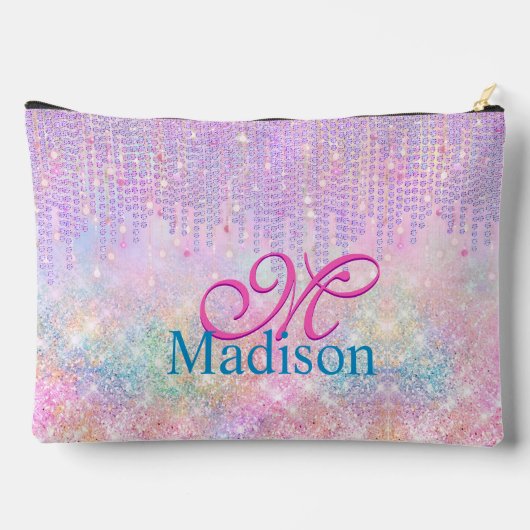 キュートピンクユニコーングリッターライン石ドリップモノグラム アクセサリーポーチ (裏面)