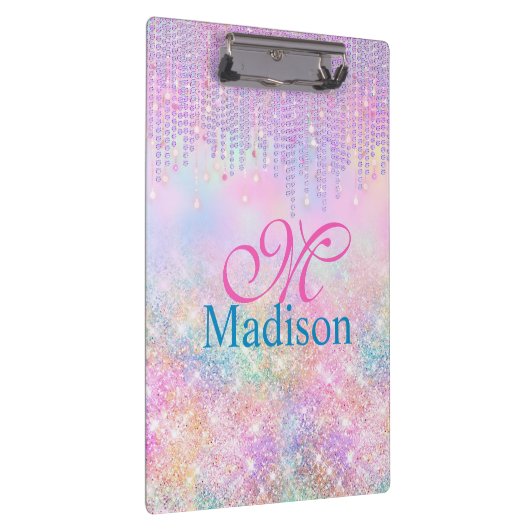 キュートピンクユニコーングリッターライン石ドリップモノグラム クリップボード (右)