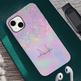 キュートピンクユニコーングリッターライン石ドリップモノグラム iPhone 15ケース
