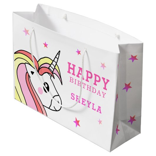 キュートピンクユニコーンスターズガール誕生日 ラージペーパーバッグ (裏面アングル)