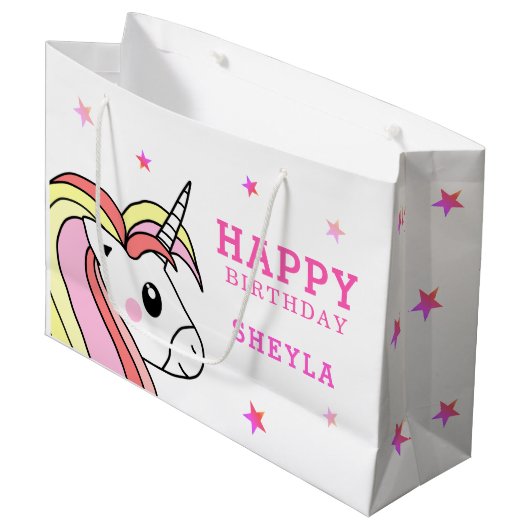 キュートピンクユニコーンスターズガール誕生日 ラージペーパーバッグ (正面アングル)