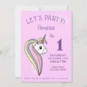 キュートピンクユニコーンスパークルスガール誕生日 招待状 (正面)