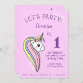 キュートピンクユニコーンスパークルスガール誕生日 招待状 (正面/裏面)