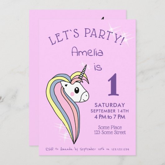 キュートピンクユニコーンスパークルスガール誕生日 招待状 (正面/裏面)