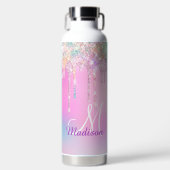 キュートピンクユニコーンレインボーグリッタードリップスモノグラム ウォーターボトル (正面)