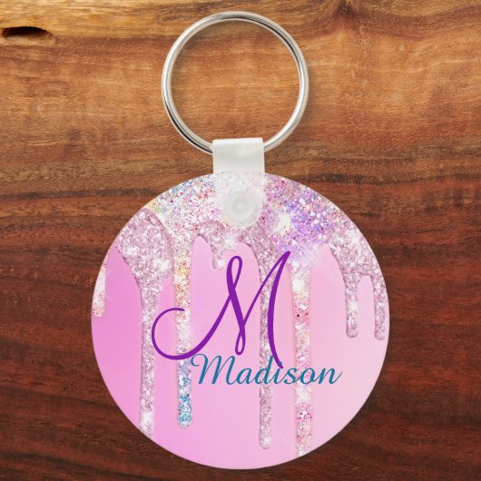 キュートピンクユニコーンレインボーグリッタードリップスモノグラム キーホルダー (正面)