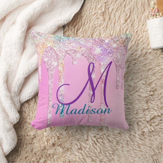 キュートピンクユニコーンレインボーグリッタードリップスモノグラム クッション (ブランケット)