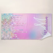 キュートピンクユニコーンレインボーグリッタードリップスモノグラム ビーチタオル (正面)