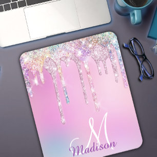 キュートピンクユニコーンレインボーグリッタードリップスモノグラム マウスパッド