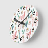 キュートピンクラマズアンドグリーンサボテンベビーキッズ ラウンド壁時計 (傾斜)
