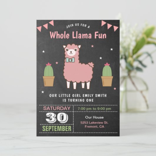 キュートピンクリラマ子供の誕生日パーティの招待状 招待状 (スタンド正面)