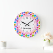 キュートピンクリーフプリント ラージ壁時計 (ホーム)