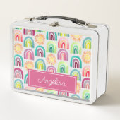 キュートピンクレインボーズ&サンズパターン新学期 メタルランチボックス (正面)