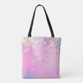 キュートピンクレインボーユニコーングリッタードリップスモノグラム トートバッグ (裏面)