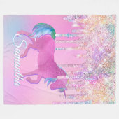 キュートピンクレインボーユニコーングリッタードリップスモノグラム フリースブランケット (正面(横))