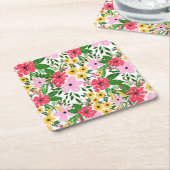 キュートピンクレッド春フローラハンド絵を描デザイン スクエアペーパーコースター (アングル)