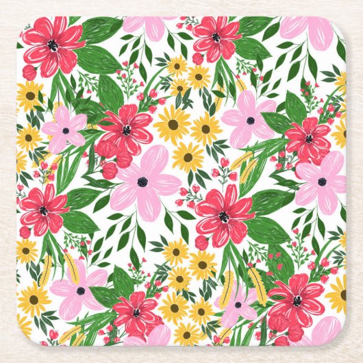 キュートピンクレッド春フローラハンド絵を描デザイン スクエアペーパーコースター (正面)