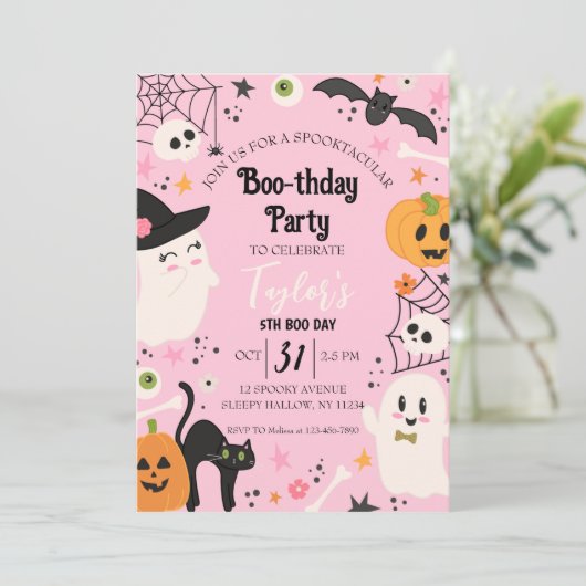 キュートピンクレトロ誕生日ハローウィンパーティ 招待状 (スタンド正面)