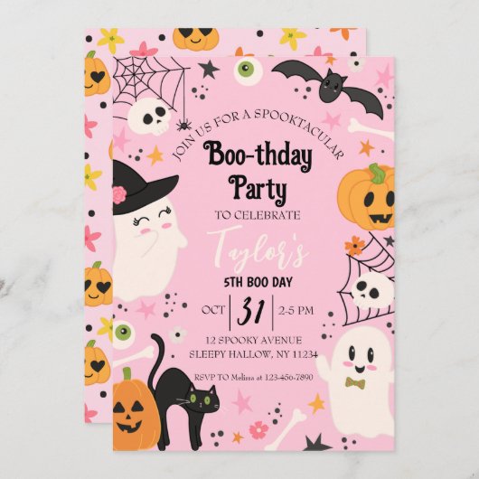 キュートピンクレトロ誕生日ハローウィンパーティ 招待状 (正面/裏面)