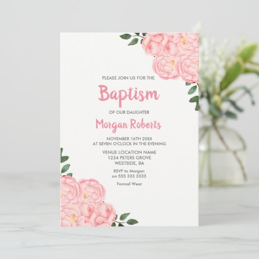 キュートピンクローズガールバプテスマ《キリスト教》洗礼式や命名式招待状 招待状 (スタンド正面)