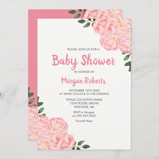 キュートピンクローズベビーシャワー招待状 招待状 (正面/裏面)