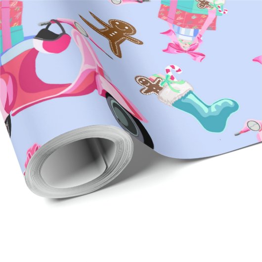 キュートピンクヴィンテージクリスマススクーターラッピング紙 ラッピングペーパー (ロールコーナー)