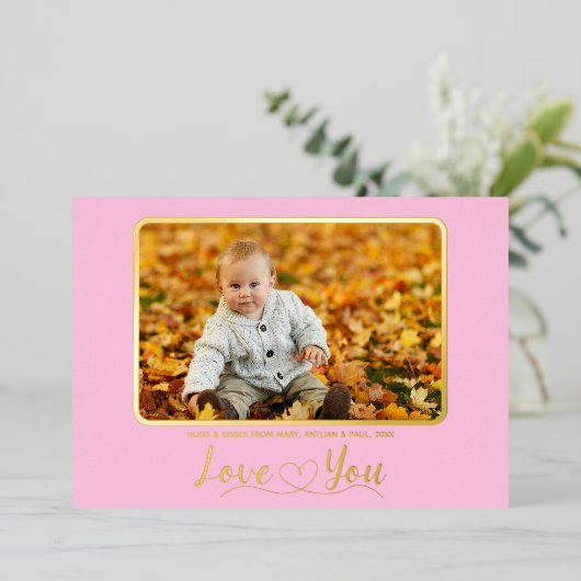 キュートピンク写真テンプレートフォイルホリデーカード 箔シーズンカード (立ち正面)