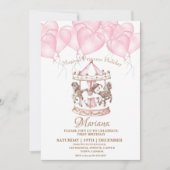 キュートピンク回転木馬ユニコーン第1子供の誕生日パーティー 招待状 (正面)