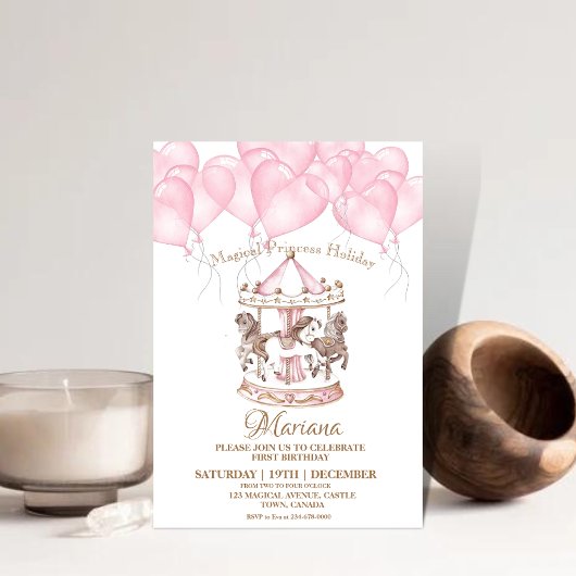 キュートピンク回転木馬ユニコーン第1子供の誕生日パーティー 招待状