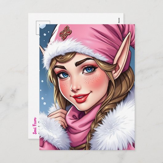 キュートピンク小妖精や小人 | メリークリスマスパーソナライズされた シーズンポストカード (正面/裏面)