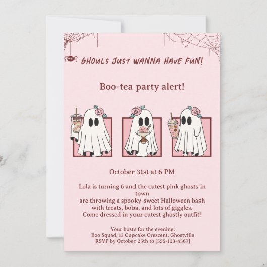 キュートピンク幽霊ハローウィンパーティ招待状かわいい 招待状 (正面)