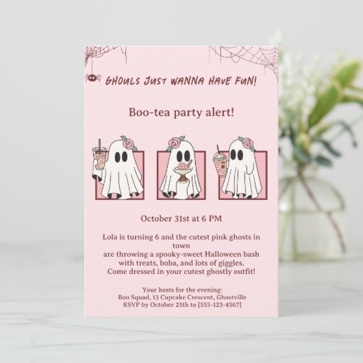 キュートピンク幽霊ハローウィンパーティ招待状かわいい 招待状 (スタンド正面)