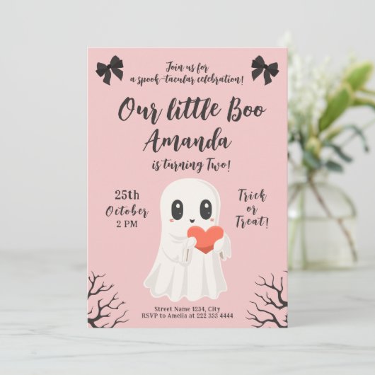 キュートピンク幽霊誕生日不気味ブハロウィーン 招待状 (スタンド正面)