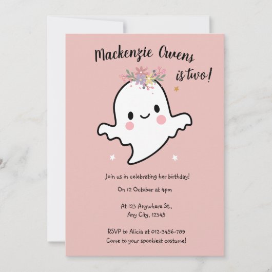 キュートピンク幽霊誕生日 招待状 (正面)