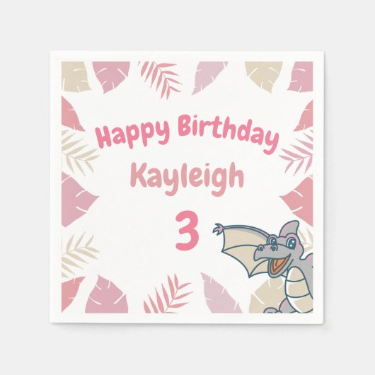 キュートピンク恐竜ドラゴン誕生日 スタンダードカクテルナプキン (正面)