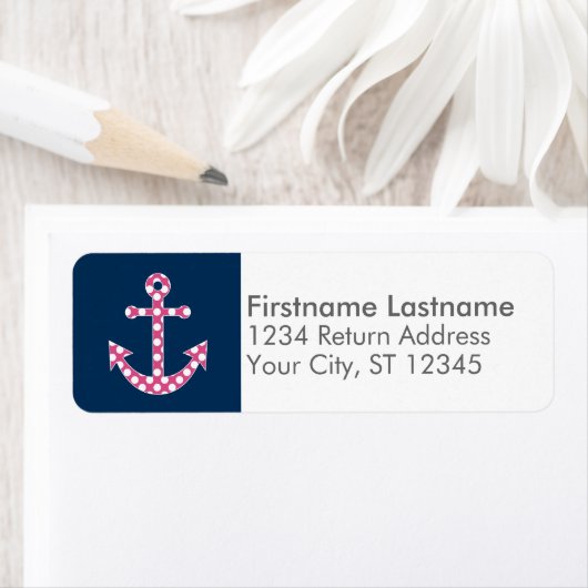 キュートピンク水玉模様いかりネイビー – 差出人住所 ラベル (インサイチュ)